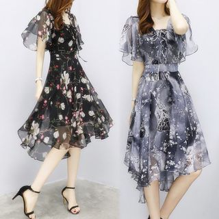 Everose Short Sleeve Floral Print Midi Chiffon Dress Yesstyle