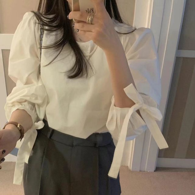 Happo Sleeve Round Neck Plain Blouse Yesstyle