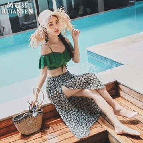 Salanghae Set Ruffled Bikini Top High Waist Bottom Printed Skirt