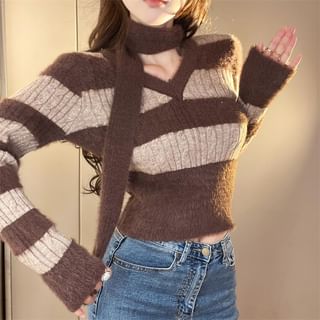 Letme Set Long Sleeve V Neck Striped Ribbed Knit Top Scarf Yesstyle