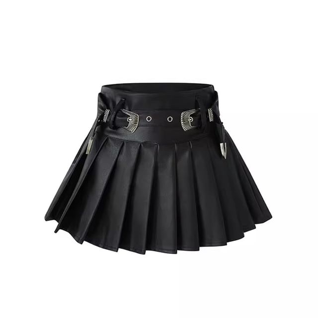 Resinling Mid Waist Faux Leather Mini Pleated Skirt Yesstyle