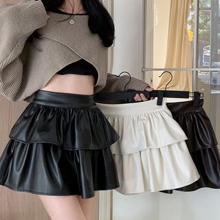 OUREA Faux Leather Ruffle Mini Skirt YesStyle