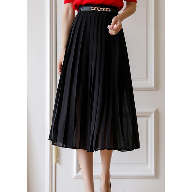 Styleonme Pleated Midi Chiffon Skirt YesStyle