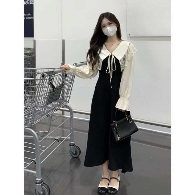 Mikiko Mock Two Piece Long Sleeve Collar Lace Panel Midi A Line Dress