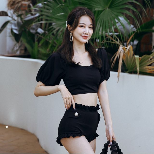 Salanghae Set Puff Sleeve Scoop Neck Swim Top Bikini Bottom Swim