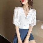 Sancus Puff Sleeve V Neck Panel Knit Top Yesstyle