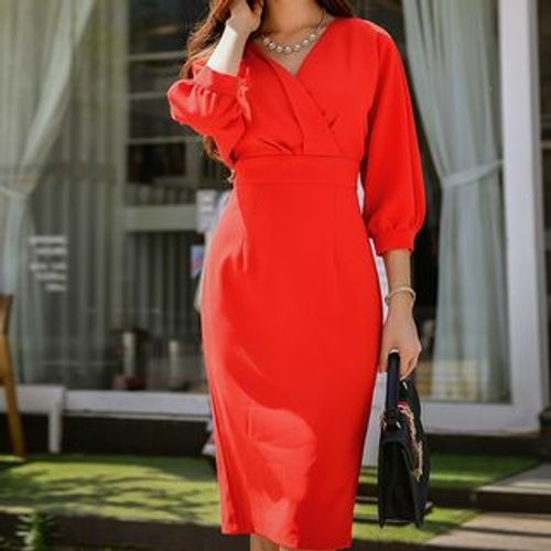 Dabuwawa 3 4 Sleeve V Neck Sheath Dress YesStyle