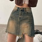 PolkaBella High Rise Washed Distressed Mini A Line Denim Skirt YesStyle