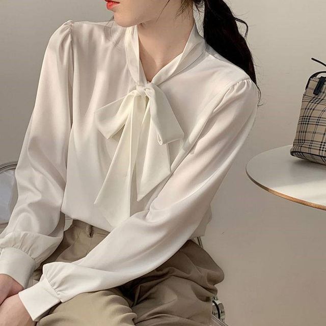 Qestova Puff Sleeve Tie Neck Plain Blouse Yesstyle