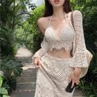 Roseate Set Halter Plain Crochet Knit Bikini Top Cover Up Skirt