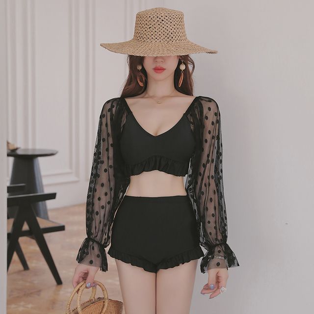 Heyswim Puff Sleeve Dotted Bikini YesStyle