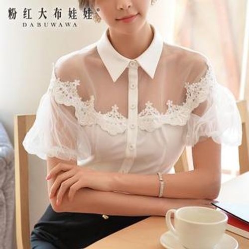 Dabuwawa Mesh Panel Puff Sleeve Blouse YesStyle