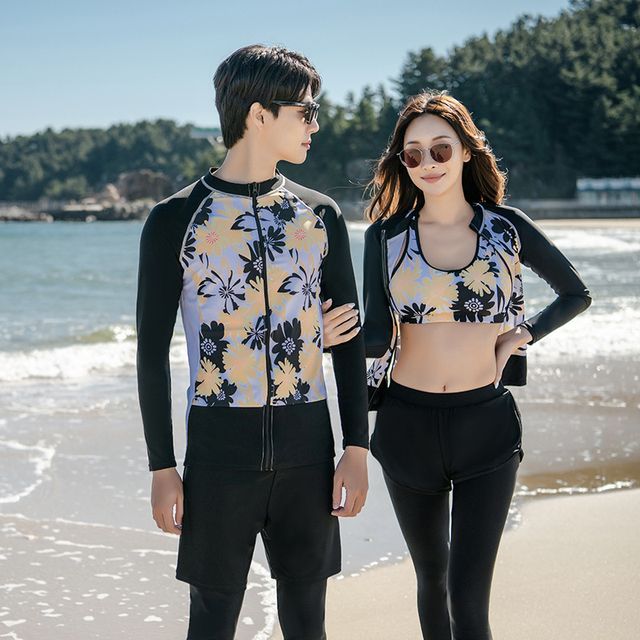 Salanghae Couple Matching Floral Zip Rash Guard Bikini Top Bottom