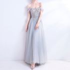 Fioridi Off Shoulder Floral Embroidered A Line Mesh Evening Gown