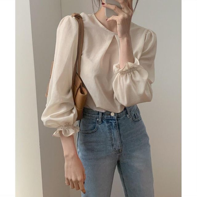 Happo Puff Sleeve Crew Neck Plain Blouse YesStyle