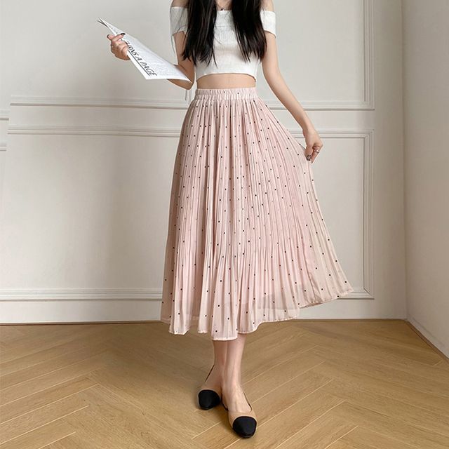 Everose High Waist Dotted Pleated Midi Skirt YesStyle