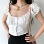 Sinora Puff Sleeve U Neck Single Breasted Embroidered Top YesStyle