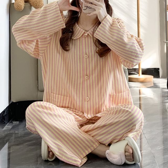 GOUB-Pajama Set Long-Sleeve Collared Top Pants