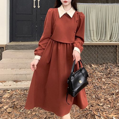 Staan - Mock Two-Piece Puff-Sleeve Contrast Collar Midi A-Line