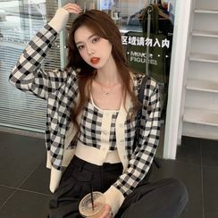 Guajillo - Plaid Knitted Cardigan+ Plaid Camisole Top Guajillo - Plaid Knitted Cardigan+ Plaid Camisole Top