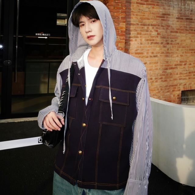 Real Boy-Striped Hood Panel Button Cargo Jacket