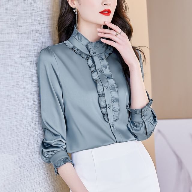 Omibayo-Long-Sleeve Plain Ruffle Trim Blouse