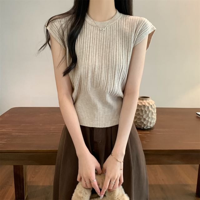 Bigfol-Cap-Sleeve Round Neck Plain Ribbed Knit Top