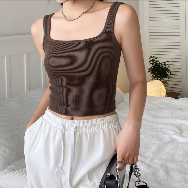 Wildery-Scoop Neck Plain Ribbed Tank Top