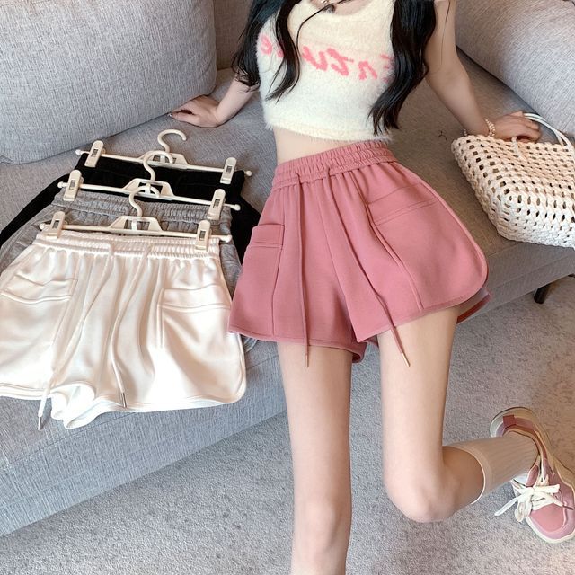 monroll-High-Waist Drawstring Plain Shorts