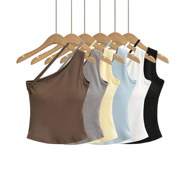 Hollahop-One Shoulder Plain Padded Tank Top