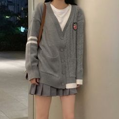 KAKAGA - Applique Knitted Cardigan / Pleated A-Line Skirt / Long Sleeve Plain T-Shirt KAKAGA - Applique Knitted Cardigan / Pleated A-Line Skirt / Long Sleeve Plain T-Shirt