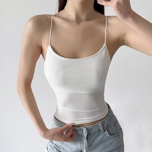 Hollahop - Scoop Neck Plain Ribbed Knit Crop Tank Top