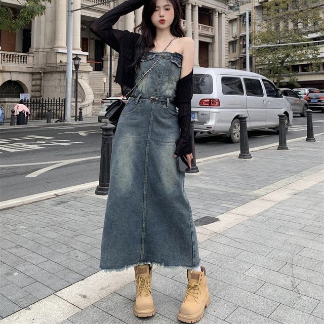 white christmas dresses MO&Co. Women's Rhinestone Detail Mini Cami Denim Dress with Cardigan Black Size M