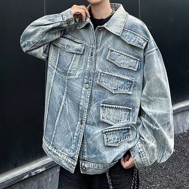 Ateso-Collared Washed Button-Up Denim Jacket