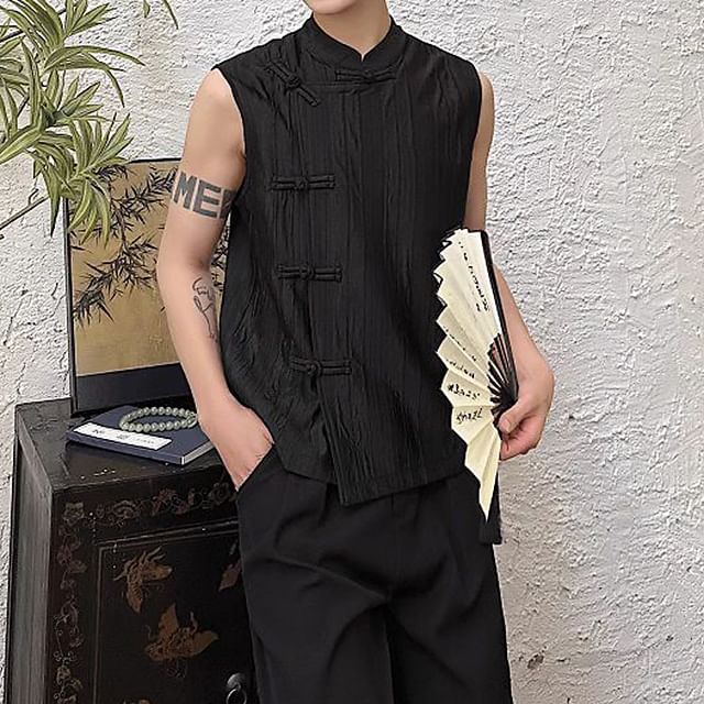 Bjorn-Stand Collar Plain Crinkle Frog Buttoned Vest