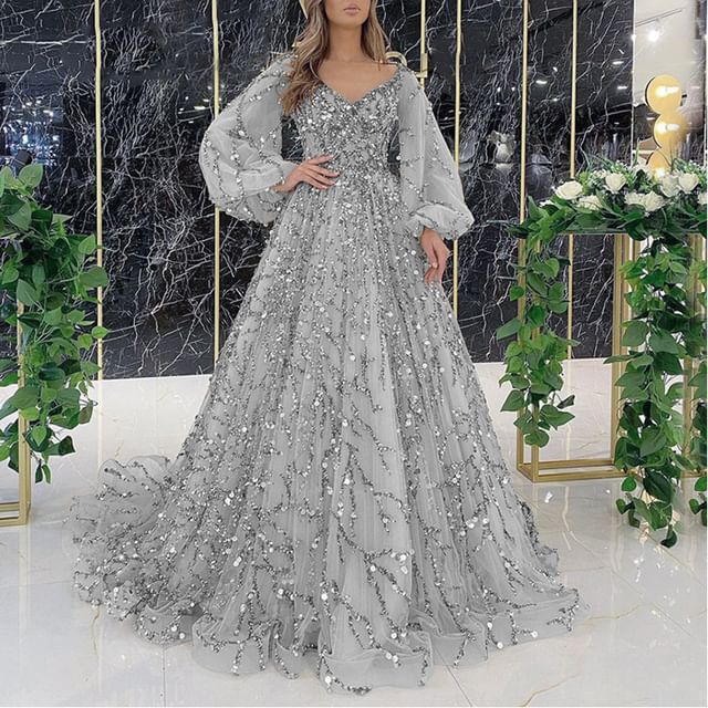 Lexama-Puff-Sleeve Sequin A-Line Evening Gown