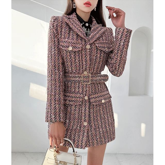 GUMZZI-Belted Tweed Blazer Minidress