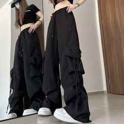 Plain Contrast Trim Cropped Zip Jacket / Lettering Bodysuit Top / Mid Waist Plain Wide Leg Cargo Pants