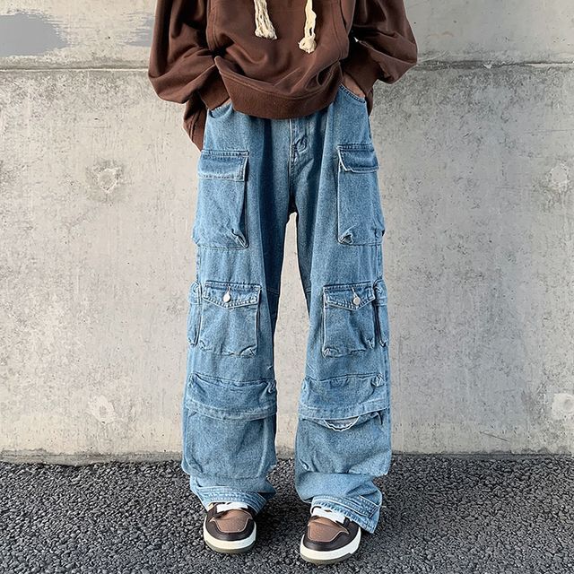 Mimiyox - Mid Rise Plain Wide Leg Cargo Parachute Pants