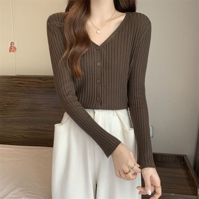 Sisyphi-V-Neck Button-Up Plain Cardigan