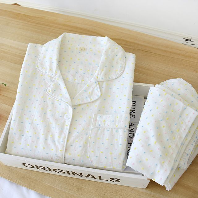 Dogini-Pajama Set Long-Sleeve Dotted Top Pants