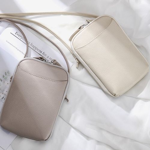 Taupe crossbody phone bag in genuine leather