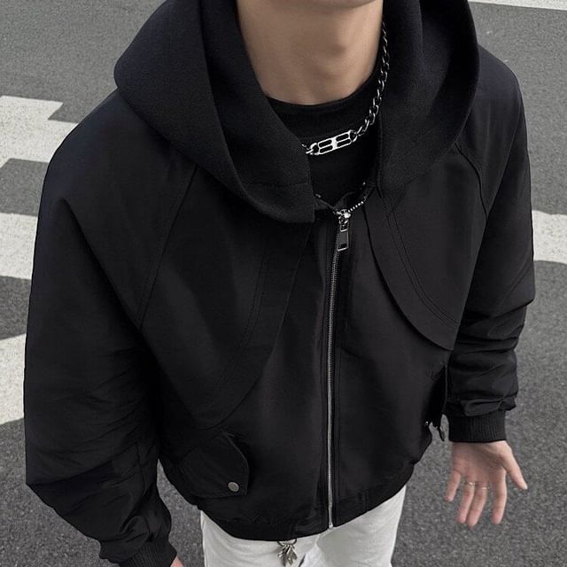 Orungeetun-Plain Panel Zip Baseball Jacket