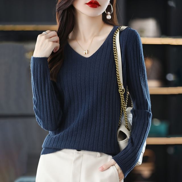 Beaustreet-Long-Sleeve V-Neck Plain Ribbed Sweater