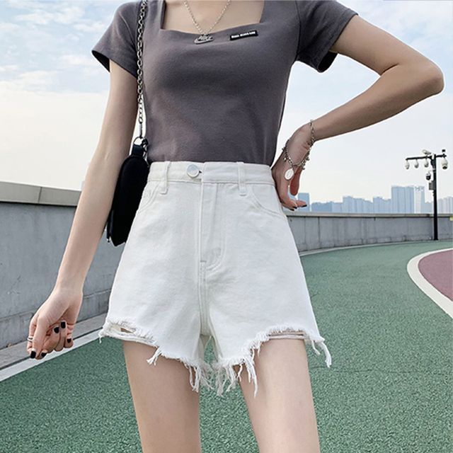 Everose-Distressed Denim Wide-Leg Shorts