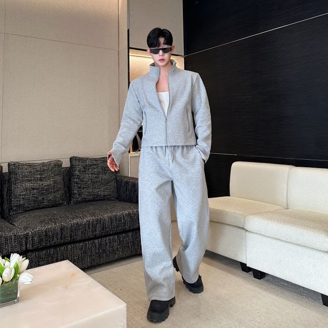Freehop-Set Stand Collar Zip-Up Plain Jacket Drawstring Waist Wide Leg Sweatpants