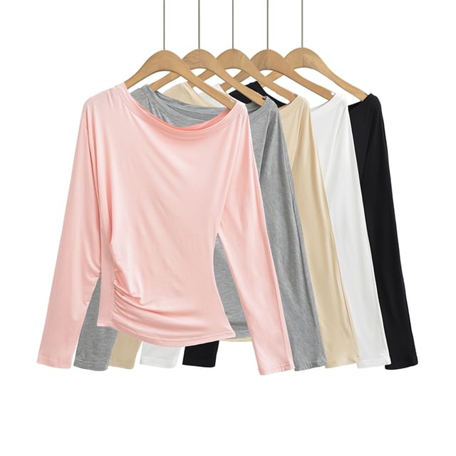 Ulark-Long-Sleeve Off Shoulder Asymmetrical Plain Top