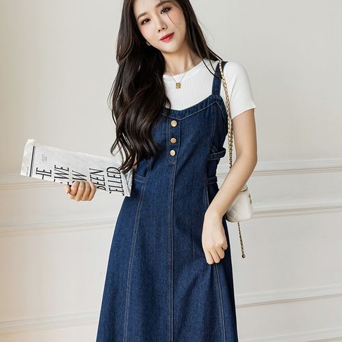 Hanji - Denim Midi Overall Dress | YesStyle Hanji - Denim Midi Overall Dress | YesStyle