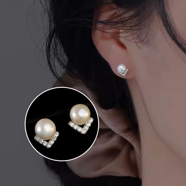 Halfla-Rhinestone Faux Pearl Sterling Silver Ear Stud