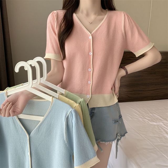 Faiar-Short-Sleeve V-Neck Two Tone Cardigan